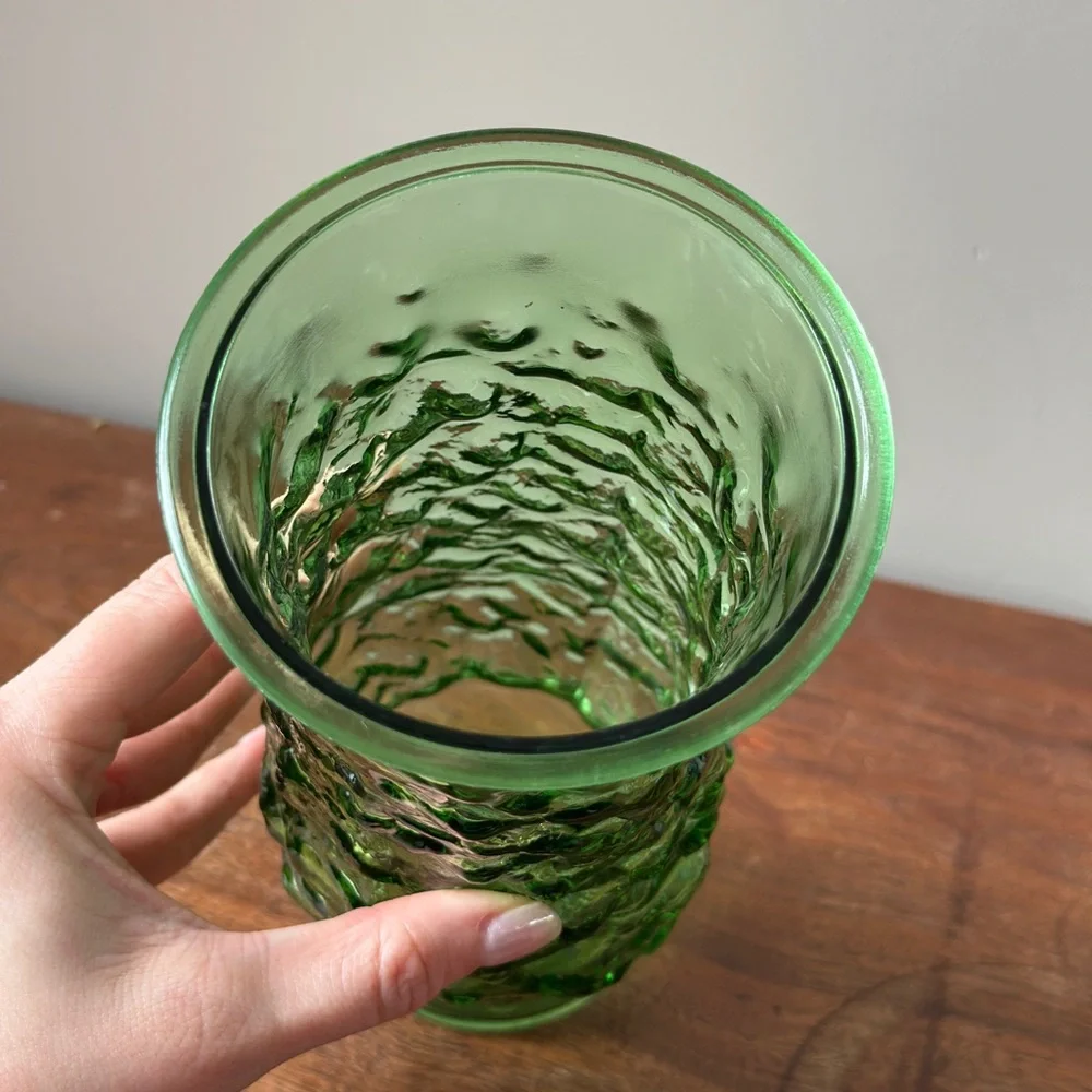 Vintage Green Glass Vase Textured Glass Flower Vase Mid Century Modern 70s